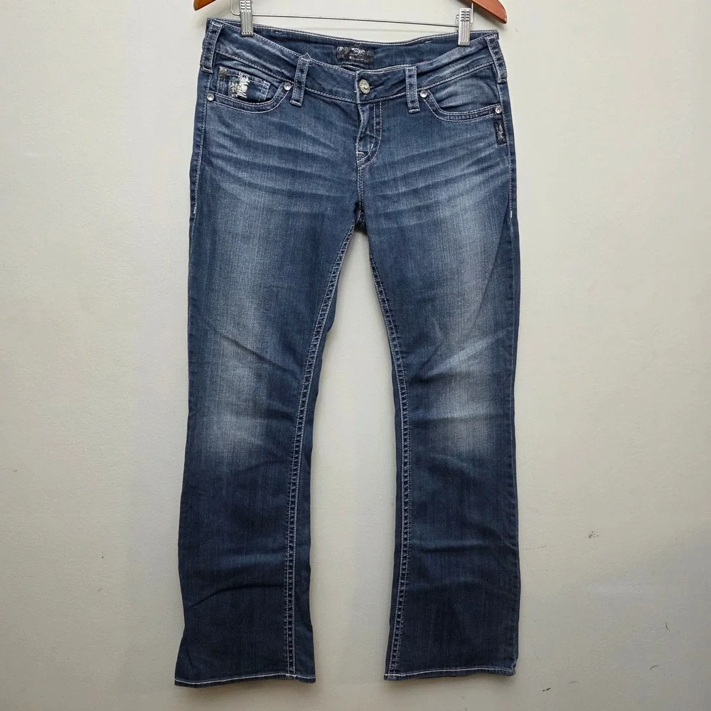 Silver‎ Pioneer Jeans Women's Boot Cut Dark Wash Denim Embellished Pockets 30/33